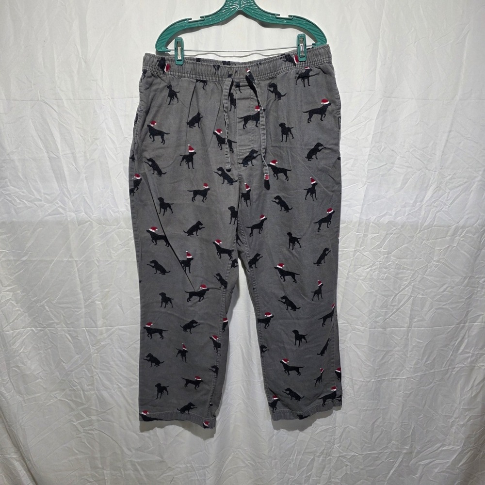Eddie Bauer Mens XL Pajama Pants Gray Christmas Black Lab Dog Santa Hat Flannel